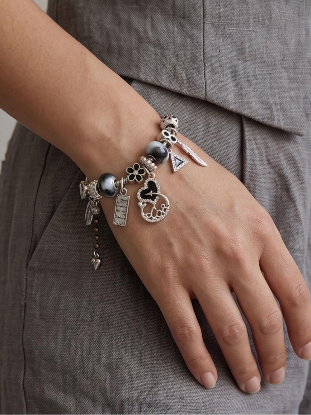 Black & Silver Charm Snake Chain Bracelet - Love & Geometric Edgy Style (6–8")